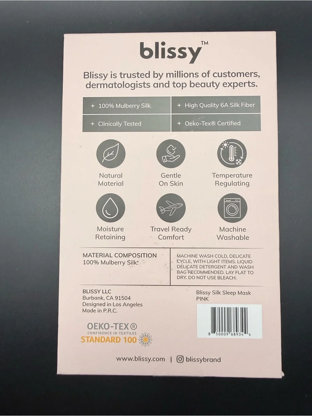 Blissy - 100% Mulberry Silk Sleep Mask - Blush Pink
